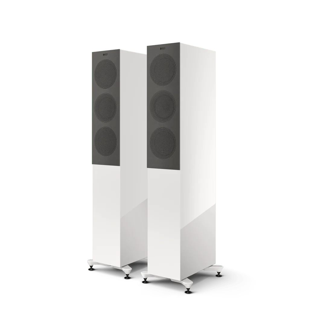 KEF R5 Meta Slimline Floorstanding speakers White with Grilles - Douglas HiFI Perth