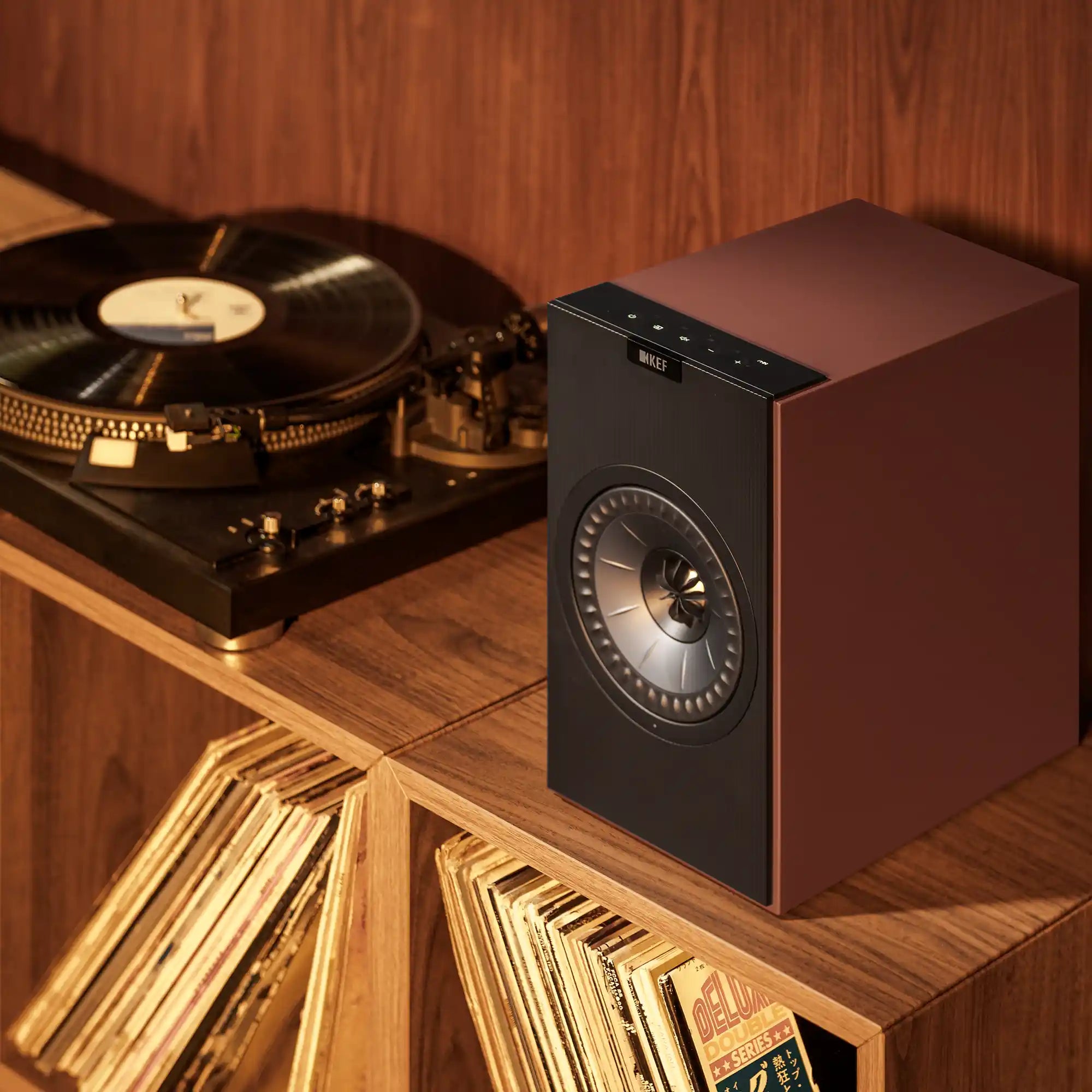 KEF Coda W Active Speakers - Vintage Burgandy Lifestyle - DOUGLAS HIFI.webp