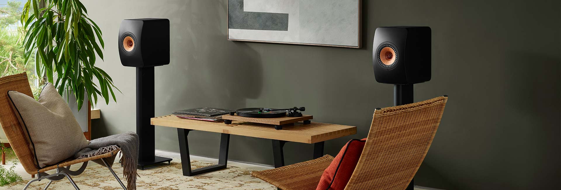 KEF LS50Wireless 2 Carbon Black on Stand S2 - Douglas HiFi Osborne Park - Perth