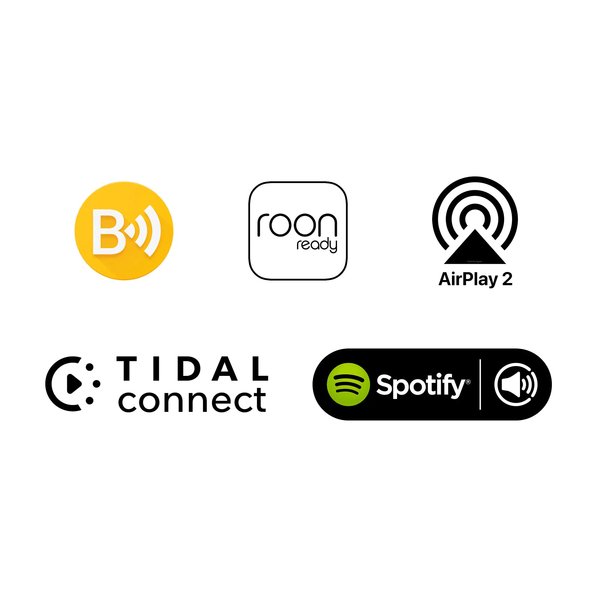Douglas HiFI - Logos of B, Roon, AirPlay 2, Tidal Connect, and Spotify on a white background