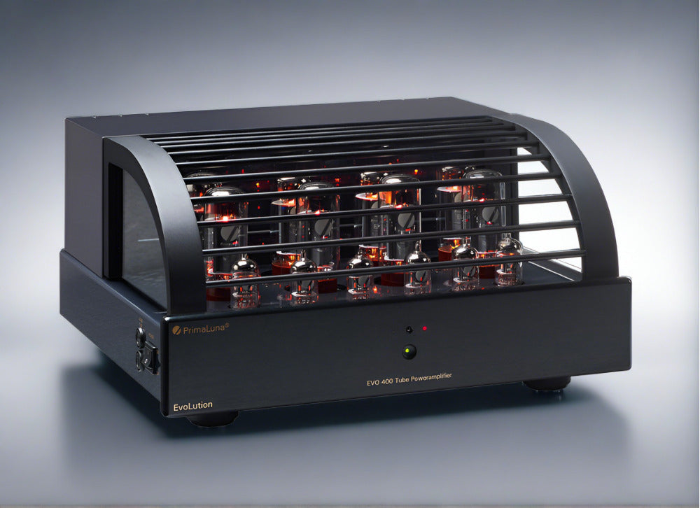 Douglas HiFi - PrimaLuna EVO400 Power Amplifier Black Front Angle - Osborne Park - Perth - Western Australia