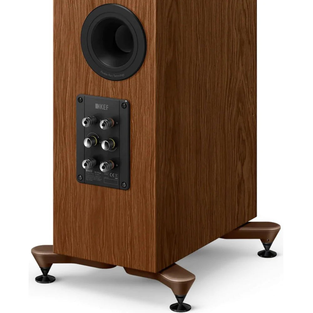 KEF R5 Meta Slimline Floorstanding speakers Walnut finish rear terminals close up - Douglas HiFI Perth