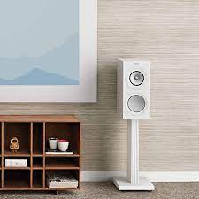 KEF S3 speaker stand for R3 Meta Speakers (white lifestyle shot)- Douglas HiFI Perth