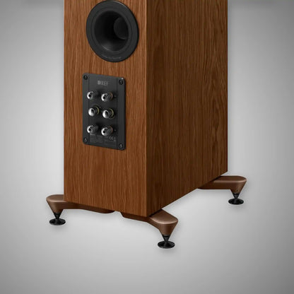 KEF R5 Meta Slimline Floorstanding speakers Walnut finish rear terminals close up - Douglas HiFI Perth