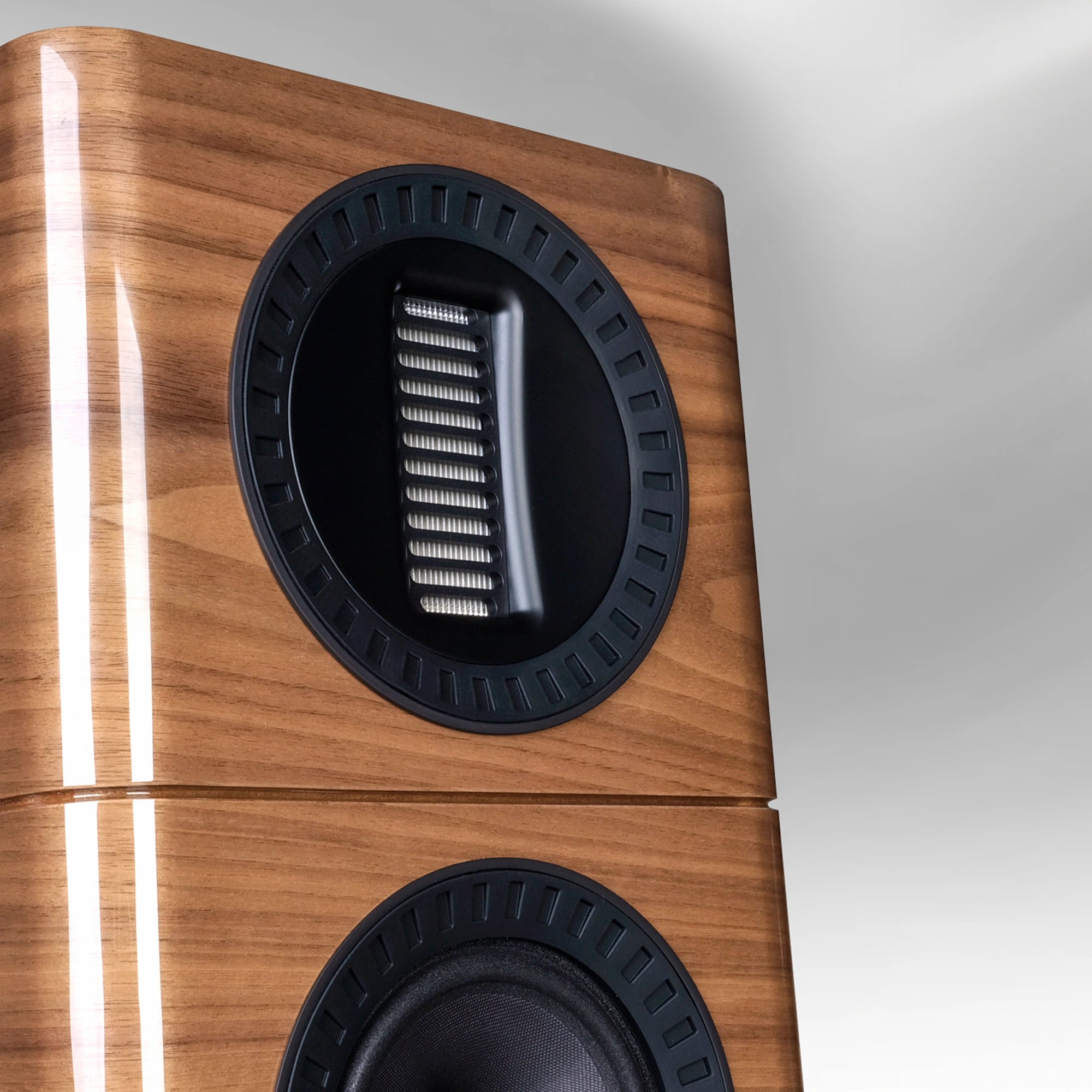 WHARFEDALE Elysian 3R Floorstanding Speakers Piano Walnut Tweeter CloseUp - DOUGLAS HIFI