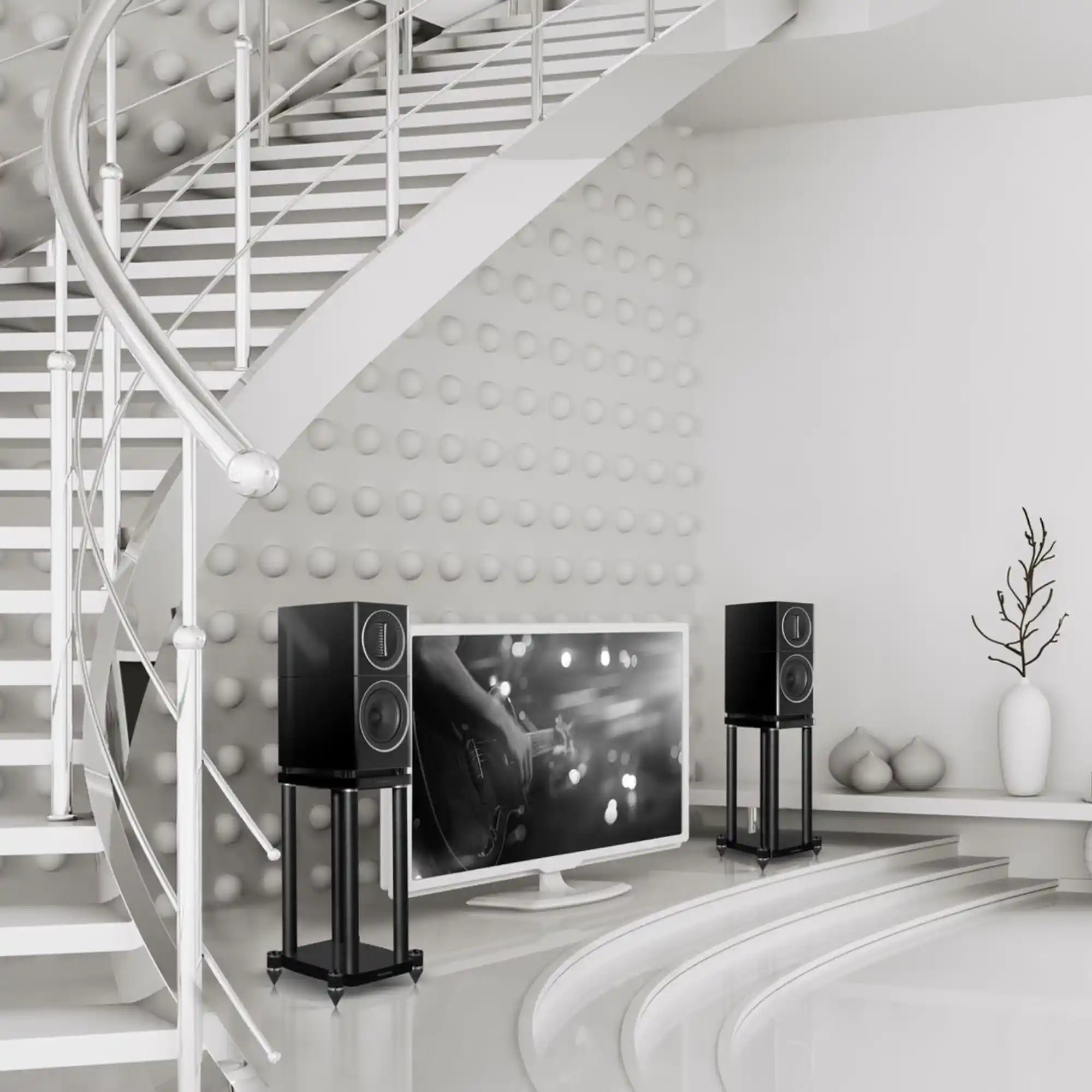 Wharfedale Elysian 1 Speaker Stands BLACK Lifestyle - DOUGLAS HIFI