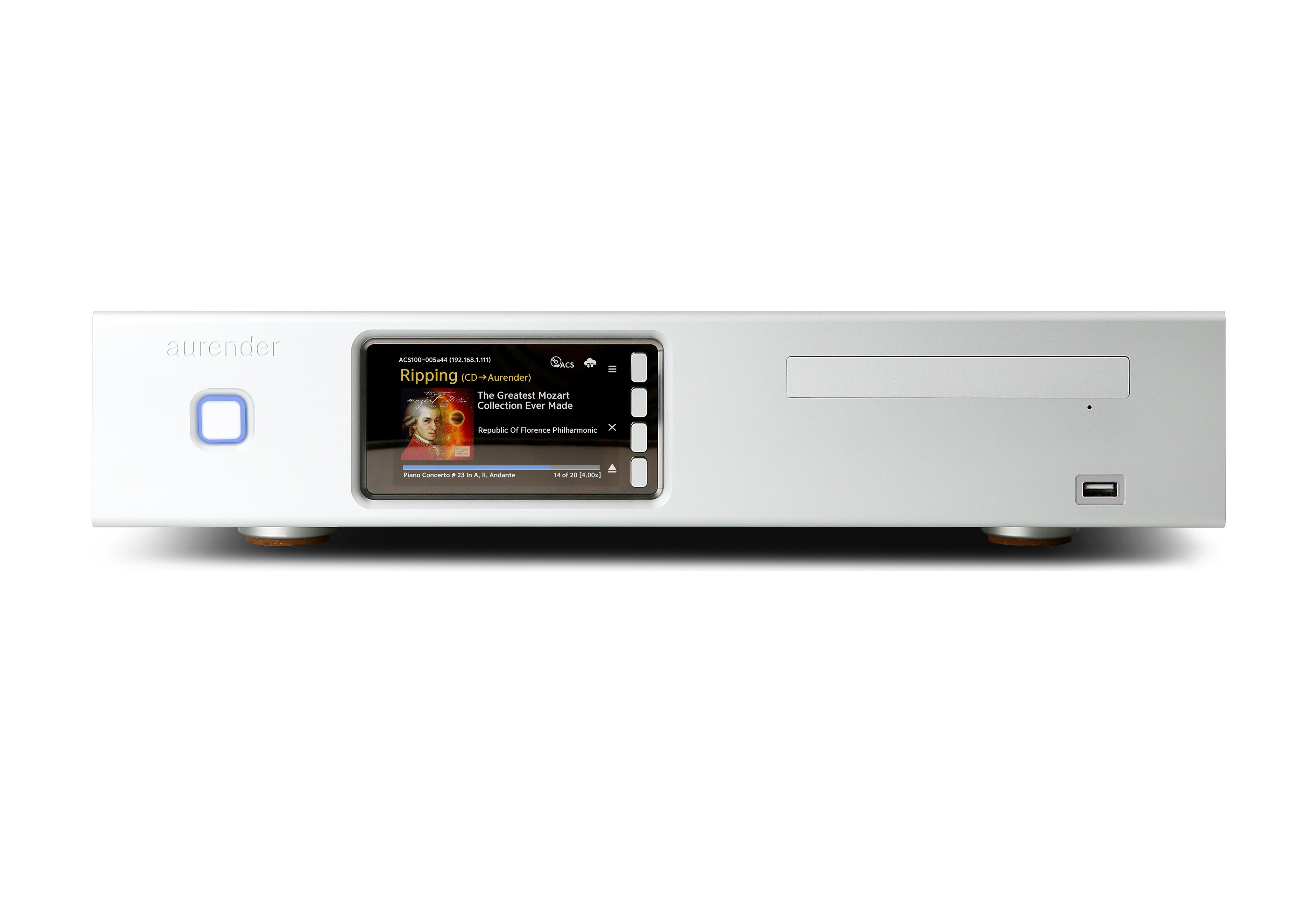 Douglas HiFi - Aurender ACS10 - Caching Music Server Streamer with USB Output CD Ripper Metadata Editor Dual-HDD Storage Library Manager - Silver Front - Osborne Park Perth