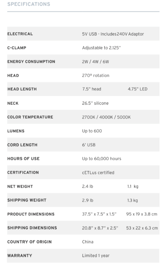 Douglas HiFi - Uberlight Flex LED Tasklight Black - Specification - Osborne Park Perth